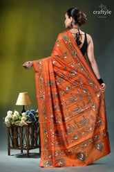 Shocking orange swan motif handcrafted silk kantha saree vibrant orange silk saree adorned 6