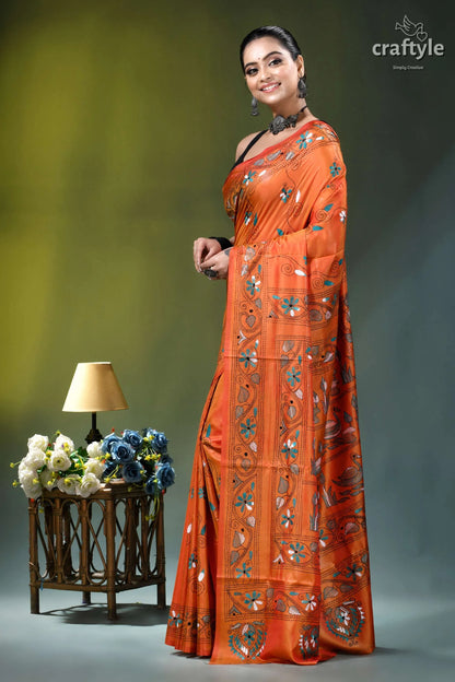Shocking orange swan motif handcrafted silk kantha saree vibrant orange saree intricate silver 3