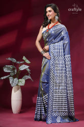 Shuttle grey handcrafted gujrati stitch silk saree - mirror work navy blue saree intricate white 3