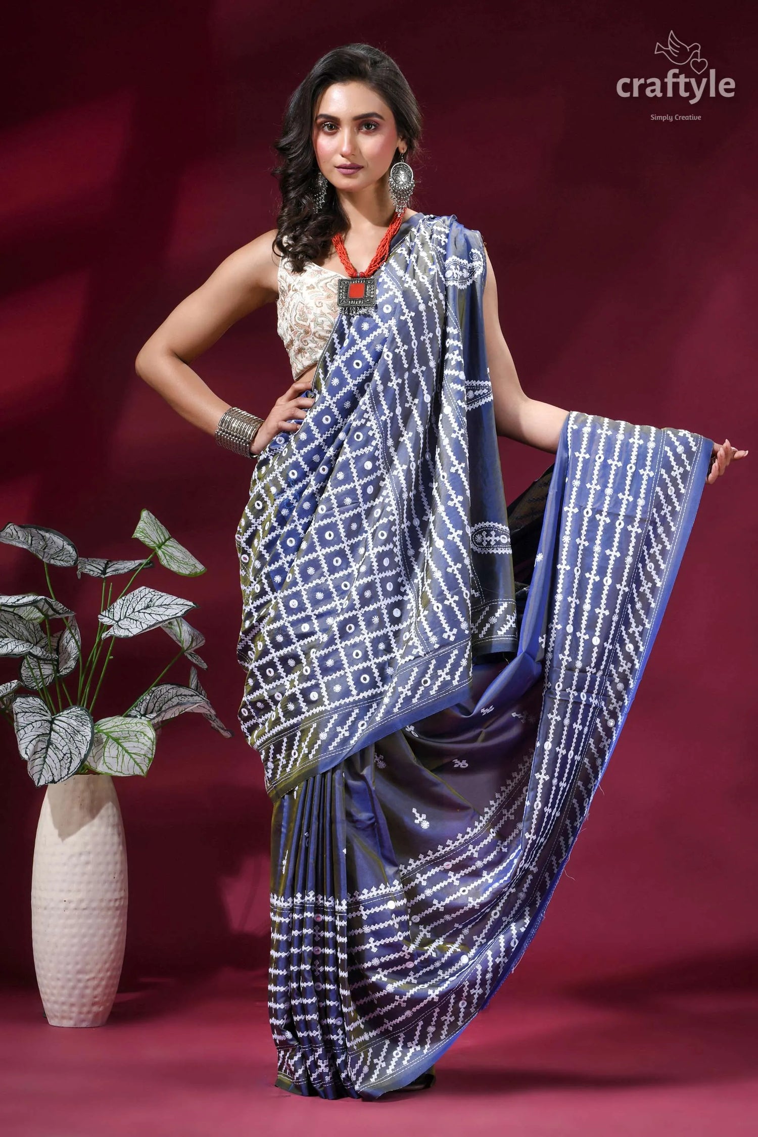 Shuttle grey handcrafted gujrati stitch silk saree - mirror work woman wears navy blue white 4