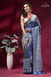 Shuttle grey handcrafted gujrati stitch silk saree - mirror work woman wears navy blue white 6