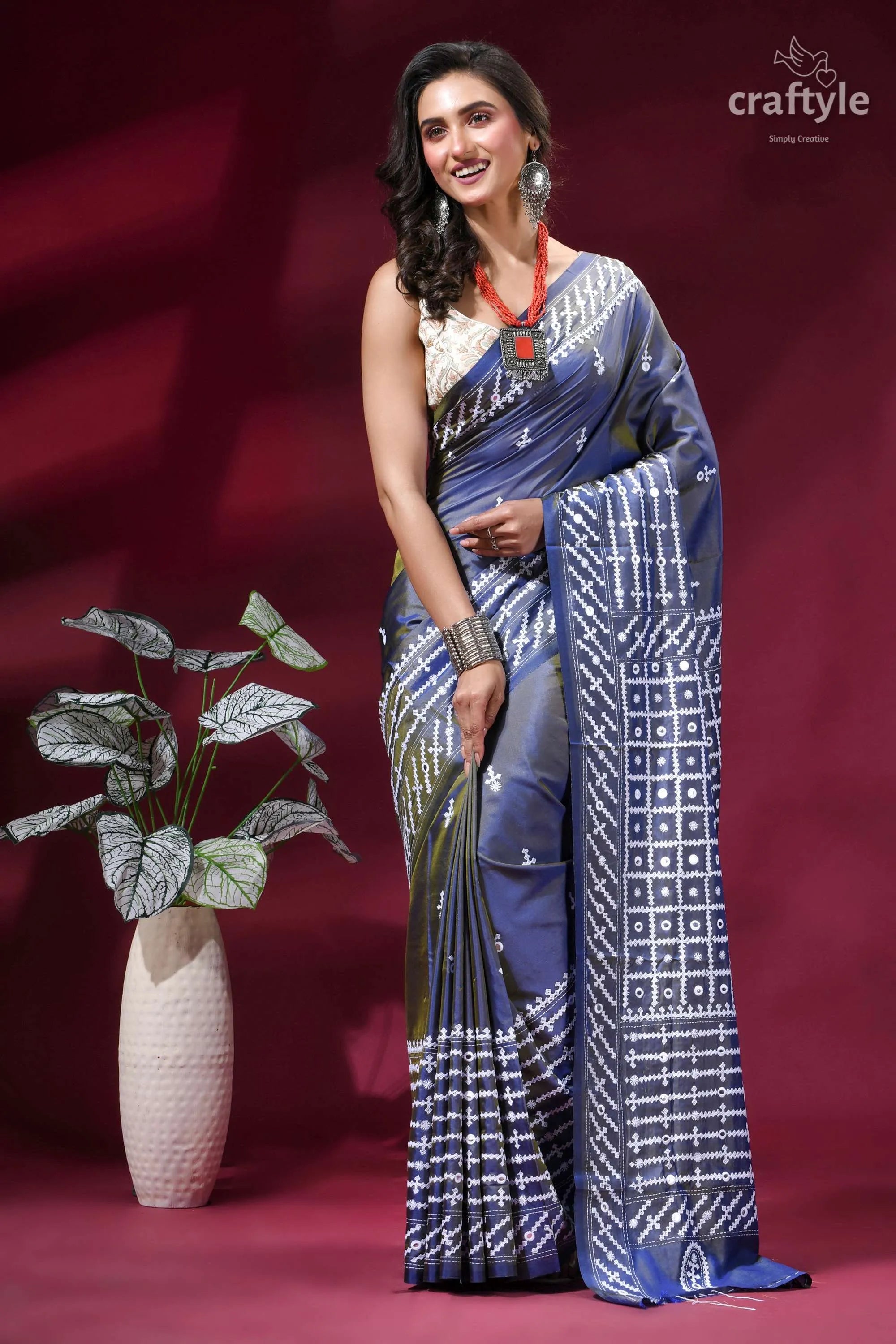 Shuttle grey handcrafted gujrati stitch silk saree - mirror work woman wears navy blue white 6
