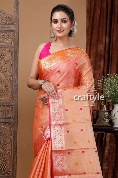 Signal Orange Tissue Silk Organza Saree - Craftyle