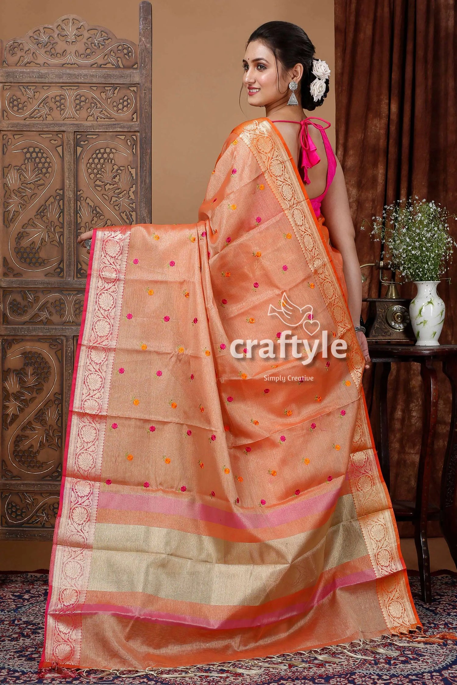 Signal orange tissue silk organza saree peach-colored saree pink border 4