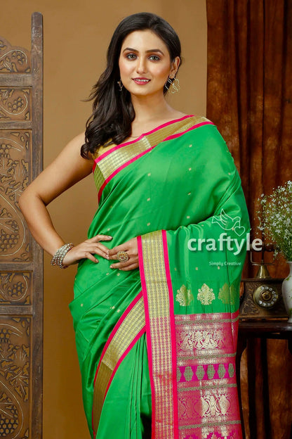 Silk bomkai saree in parrot green with zari border - perfect party wear green saree pink gold border 2