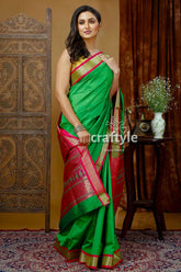 Silk bomkai saree in parrot green with zari border - perfect party wear green red silk saree 4