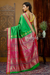Silk bomkai saree in parrot green with zari border - perfect party wear green pink silk saree 5