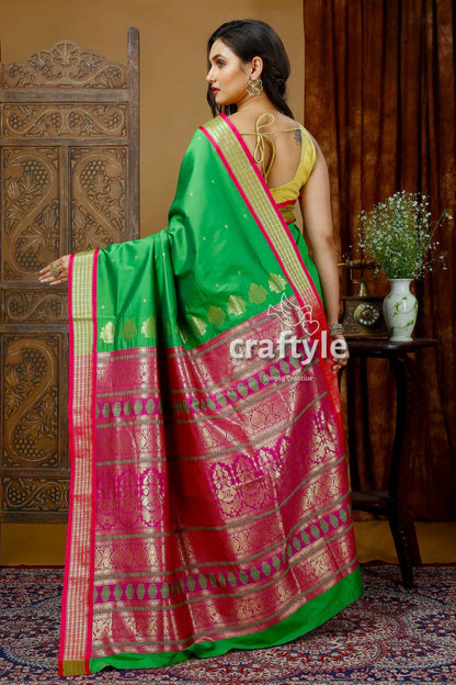 Silk bomkai saree in parrot green with zari border - perfect party wear green pink silk saree 5