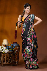 Silk kantha saree in black with handcrafted multicolor floral design black saree vibrant floral embroidery 4
