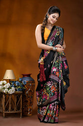 Silk kantha saree in black with handcrafted multicolor floral design black saree vibrant floral embroidery 7