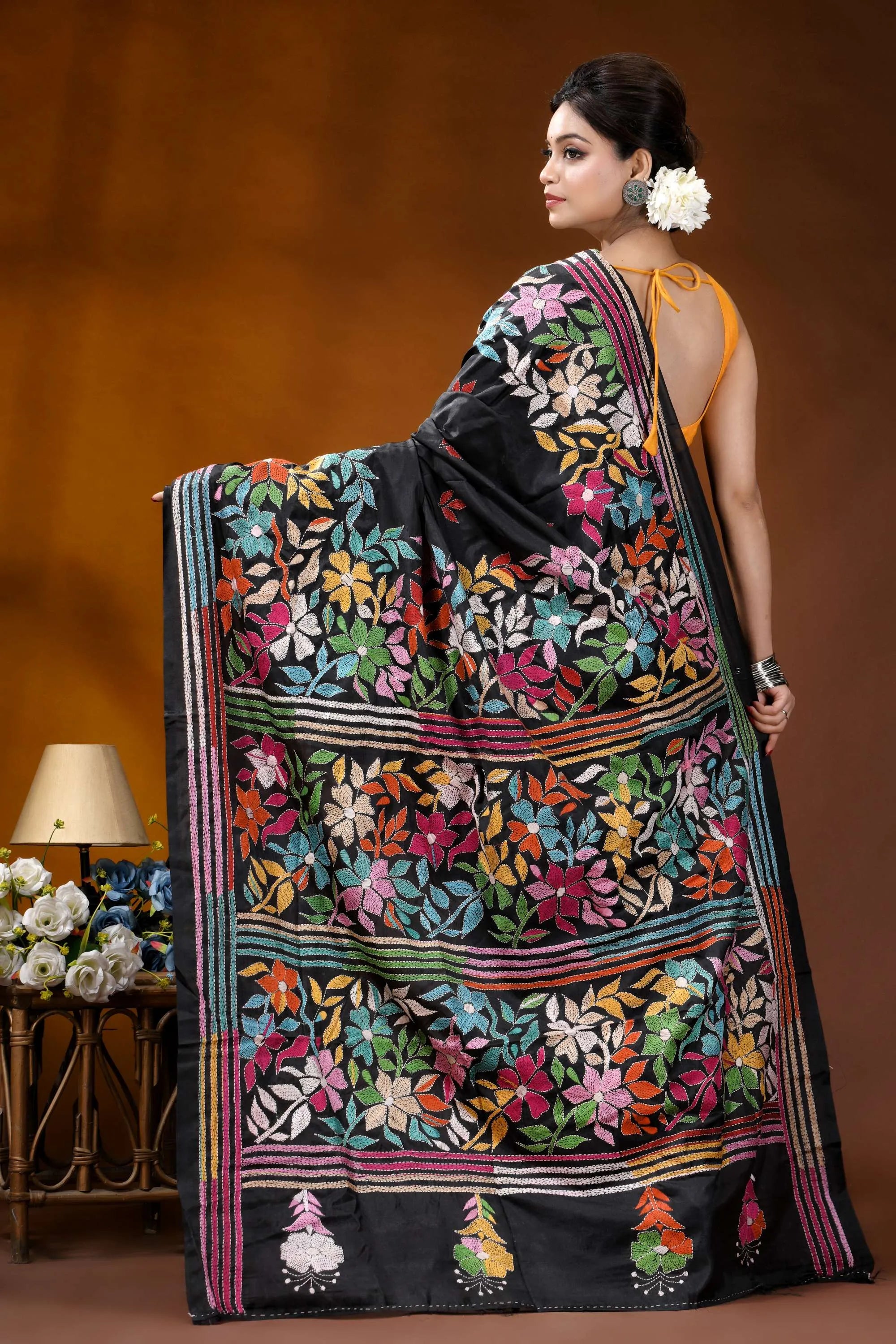 Silk kantha saree in black with handcrafted multicolor floral design black silk saree vibrant multicolored 5