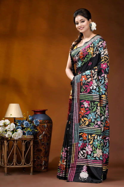 Silk kantha saree in black with handcrafted multicolor floral design black silk saree adorned vibrant 3
