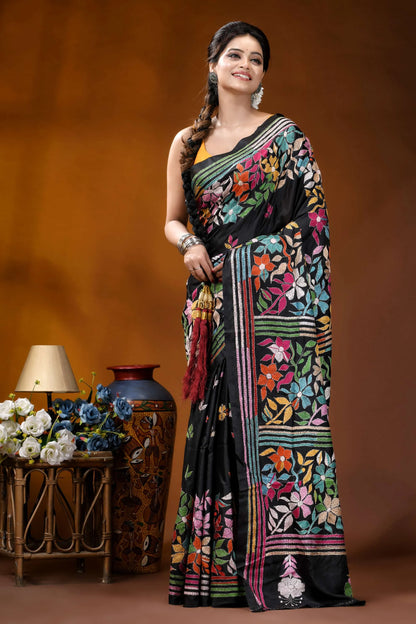 Silk kantha saree in black with handcrafted multicolor floral design black silk saree vibrant floral 6
