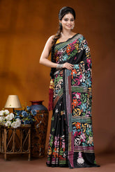 Silk kantha saree in black with handcrafted multicolor floral design black silk saree adorned vibrant 1