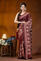 Silk kantha saree in persian plum with handcrafted vanilla floral motif maroon silk saree intricate white 1
