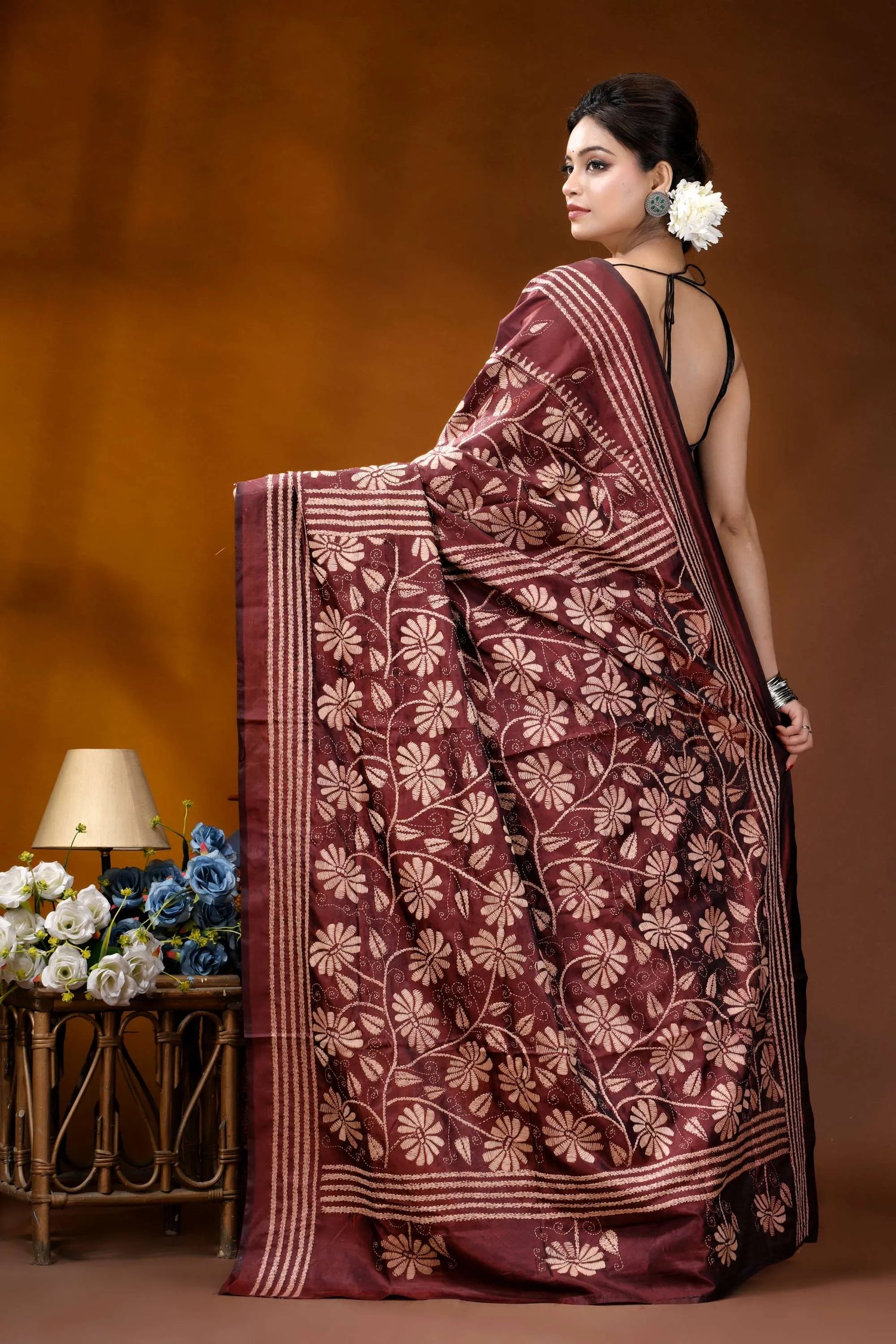 Silk kantha saree in persian plum with handcrafted vanilla floral motif maroon silk saree intricate white 5