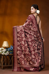 Silk kantha saree in persian plum with handcrafted vanilla floral motif maroon silk saree intricate white 5