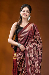 Silk kantha saree in persian plum with handcrafted vanilla floral motif maroon silk saree intricate white 2