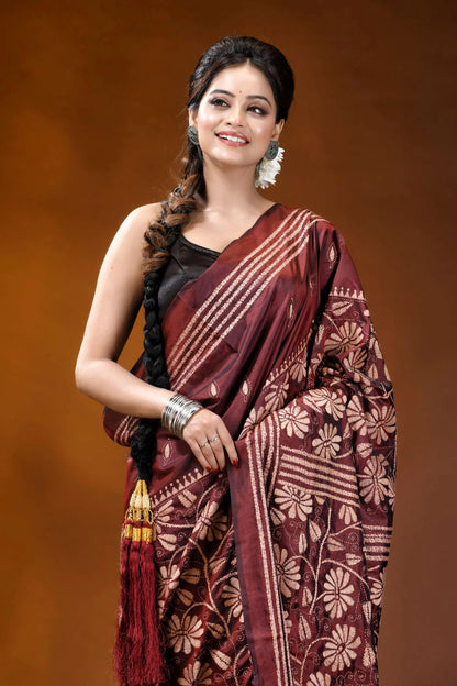 Silk kantha saree in persian plum with handcrafted vanilla floral motif maroon silk saree intricate white 2