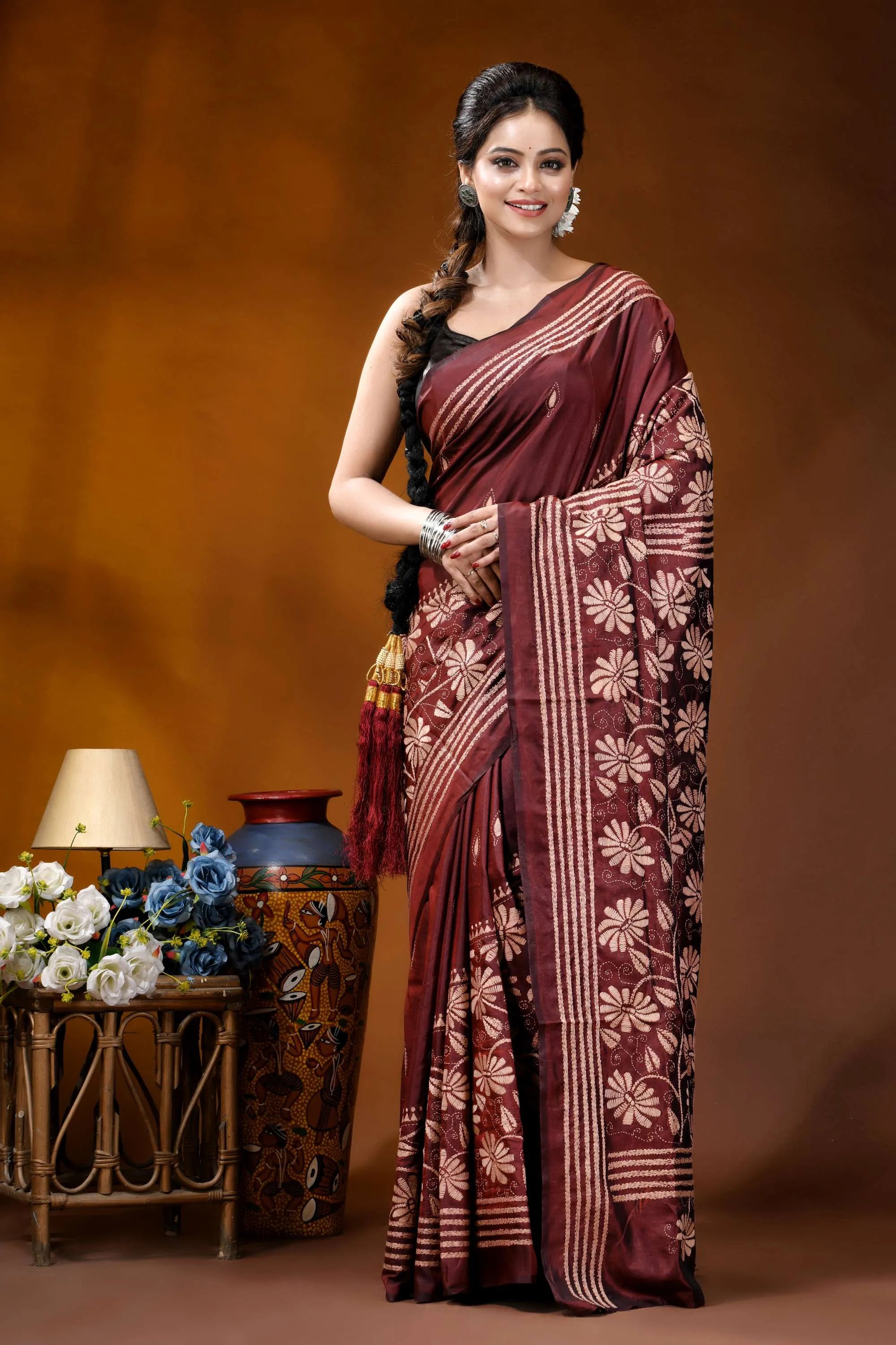 Silk kantha saree in persian plum with handcrafted vanilla floral motif maroon silk saree intricate white 6