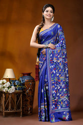 Silk kantha saree in royal blue with handmade multicolor floral design vibrant royal blue silk saree 3