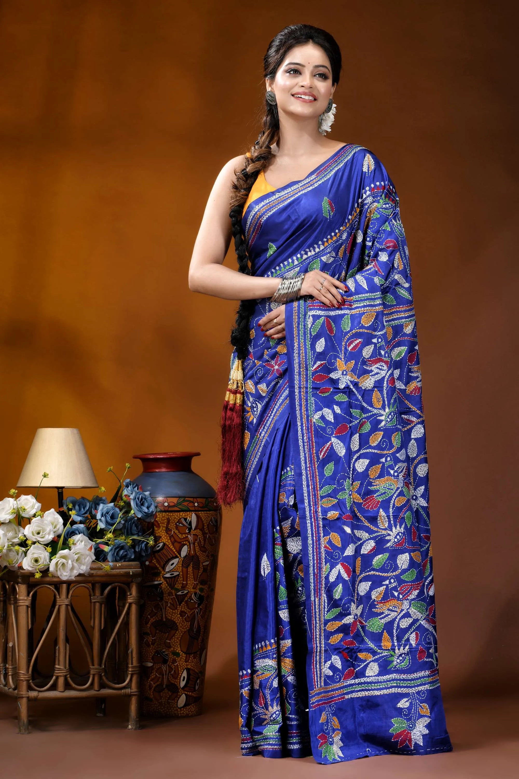 Silk kantha saree in royal blue with handmade multicolor floral design vibrant royal blue silk saree 3