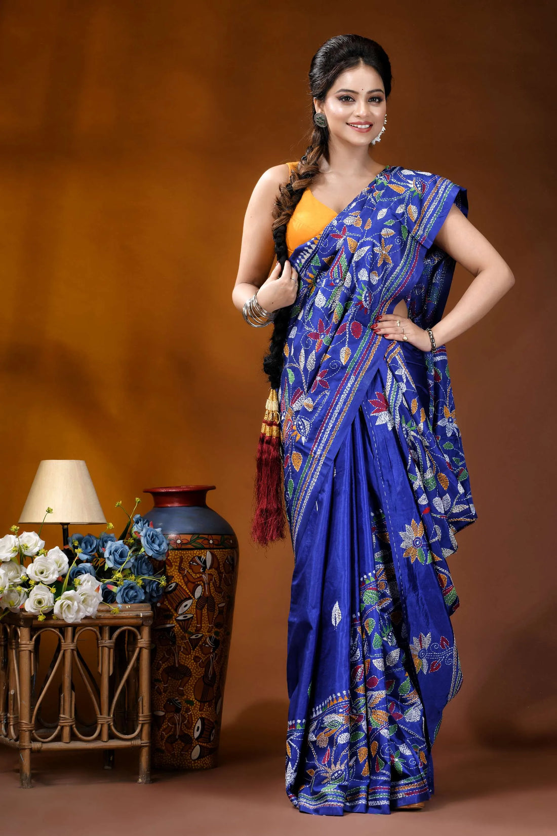 Silk kantha saree in royal blue with handmade multicolor floral design vibrant royal blue saree adorned 1
