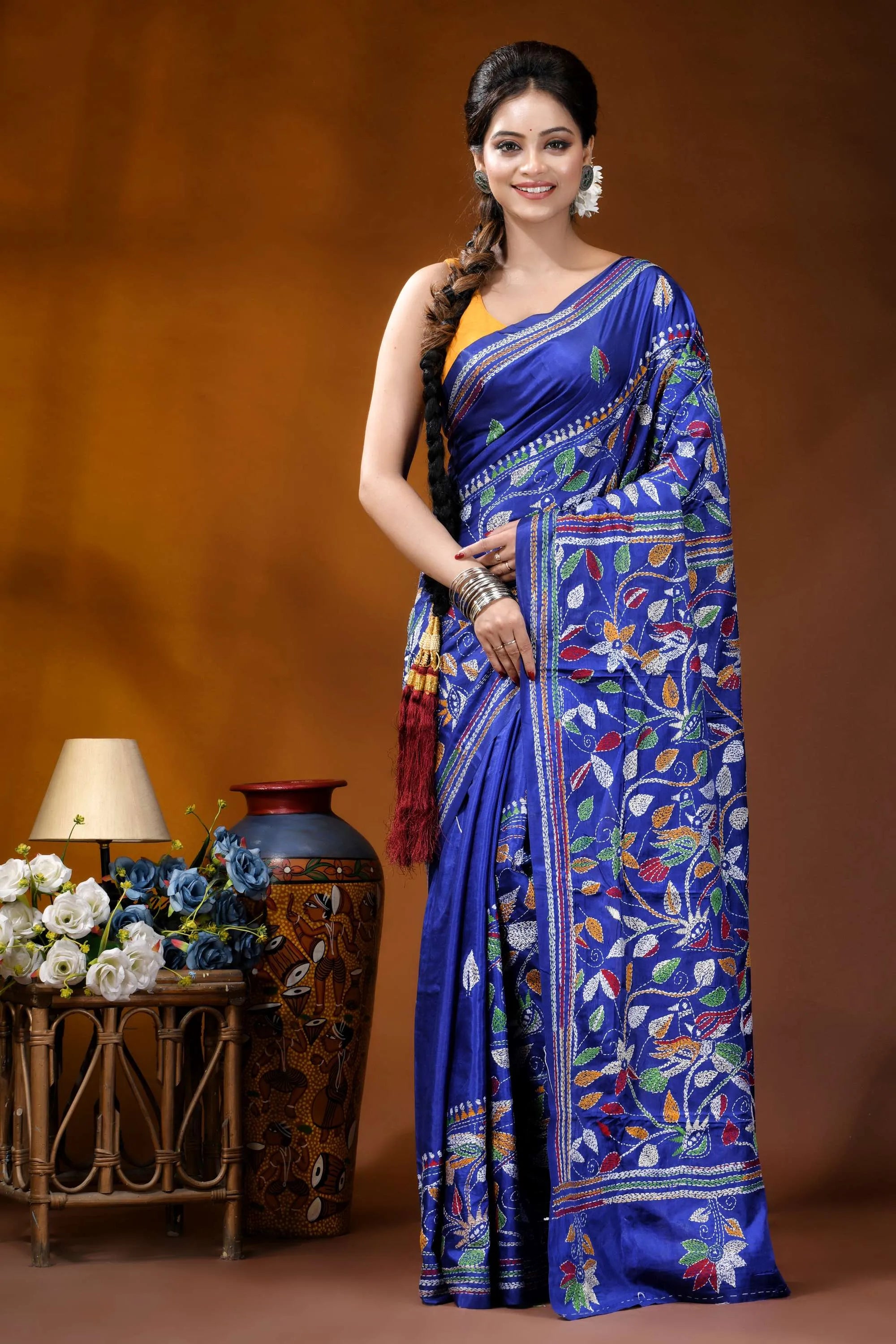 Silk kantha saree in royal blue with handmade multicolor floral design vibrant royal blue saree adorned 6