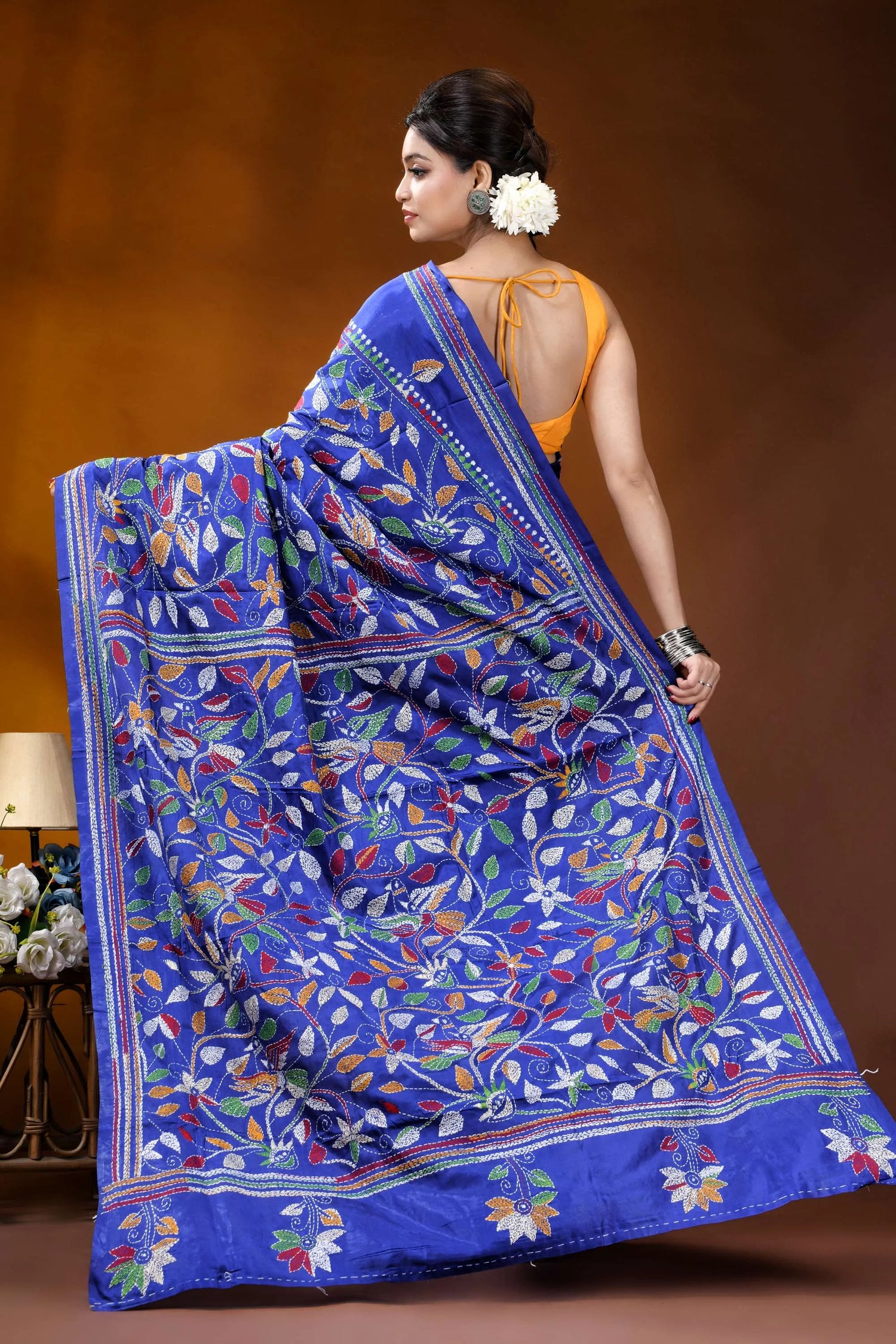 Silk kantha saree in royal blue with handmade multicolor floral design vibrant royal blue banarasi saree 5