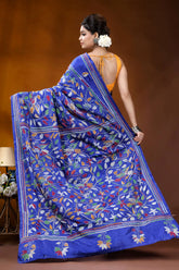 Silk kantha saree in royal blue with handmade multicolor floral design vibrant royal blue banarasi saree 5