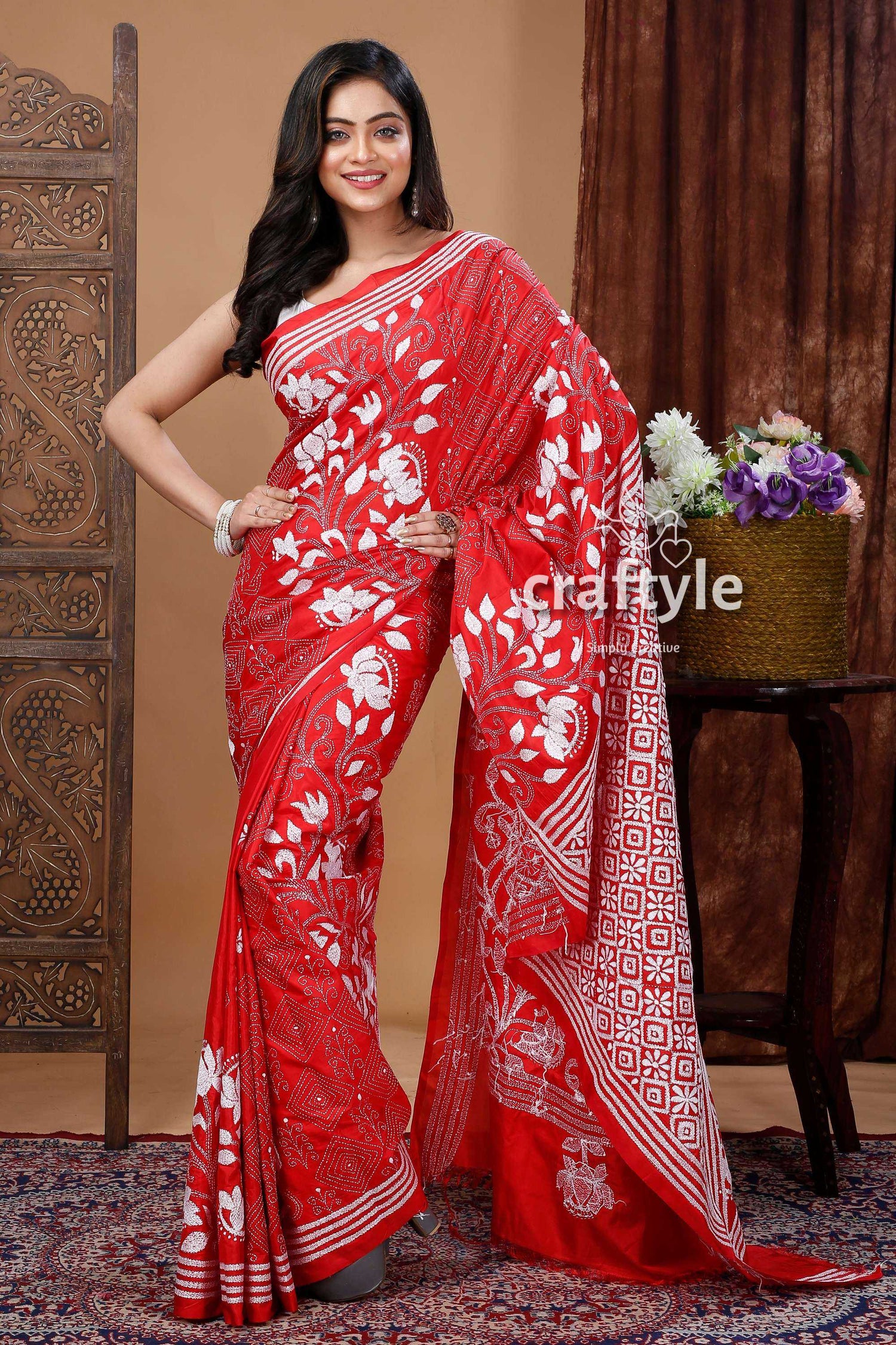 Silk Kantha Stitch Saree - Red and White Thread Work for a Timeless Look-Craftyle