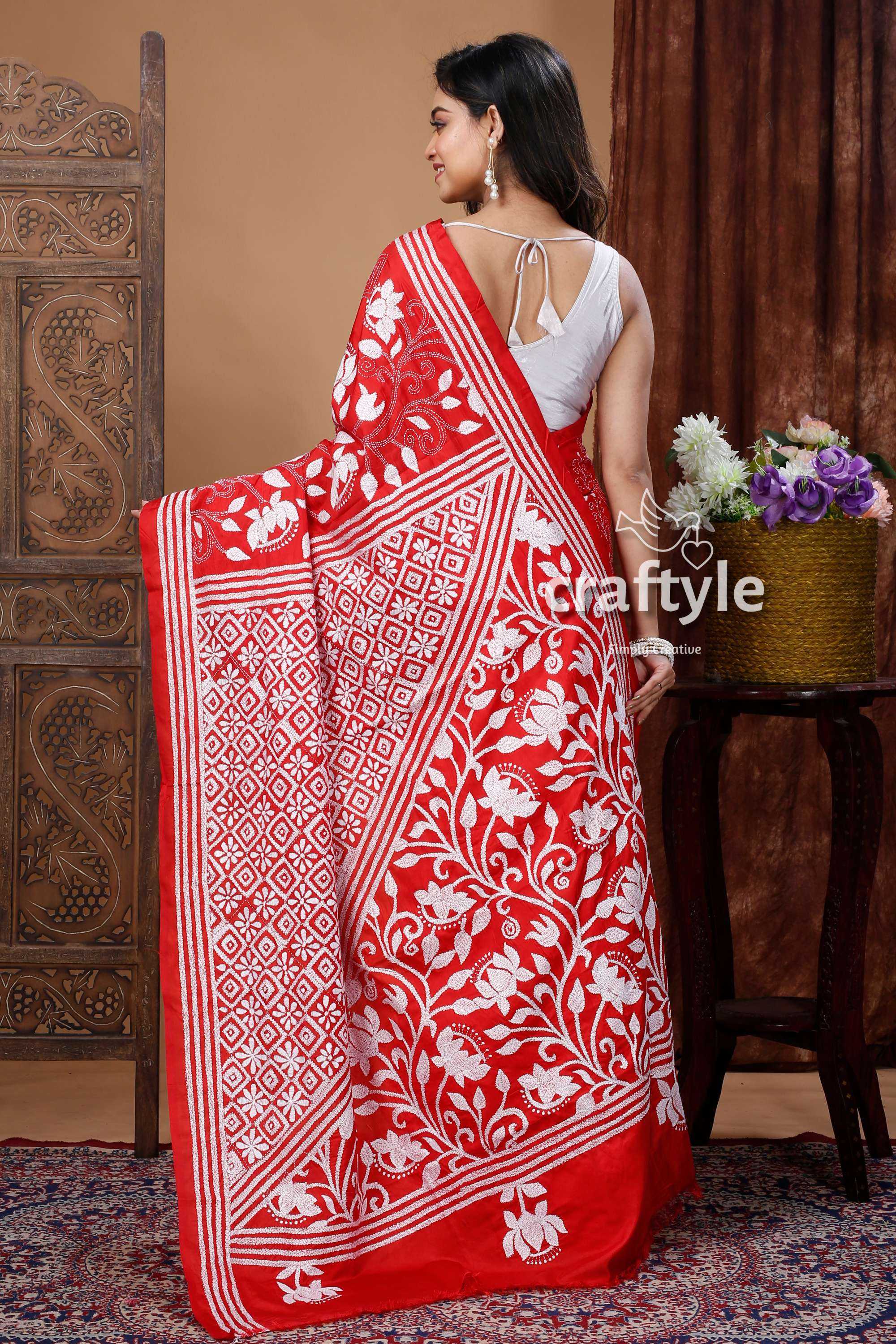 Silk Kantha Stitch Saree - Red and White Thread Work for a Timeless Look-Craftyle