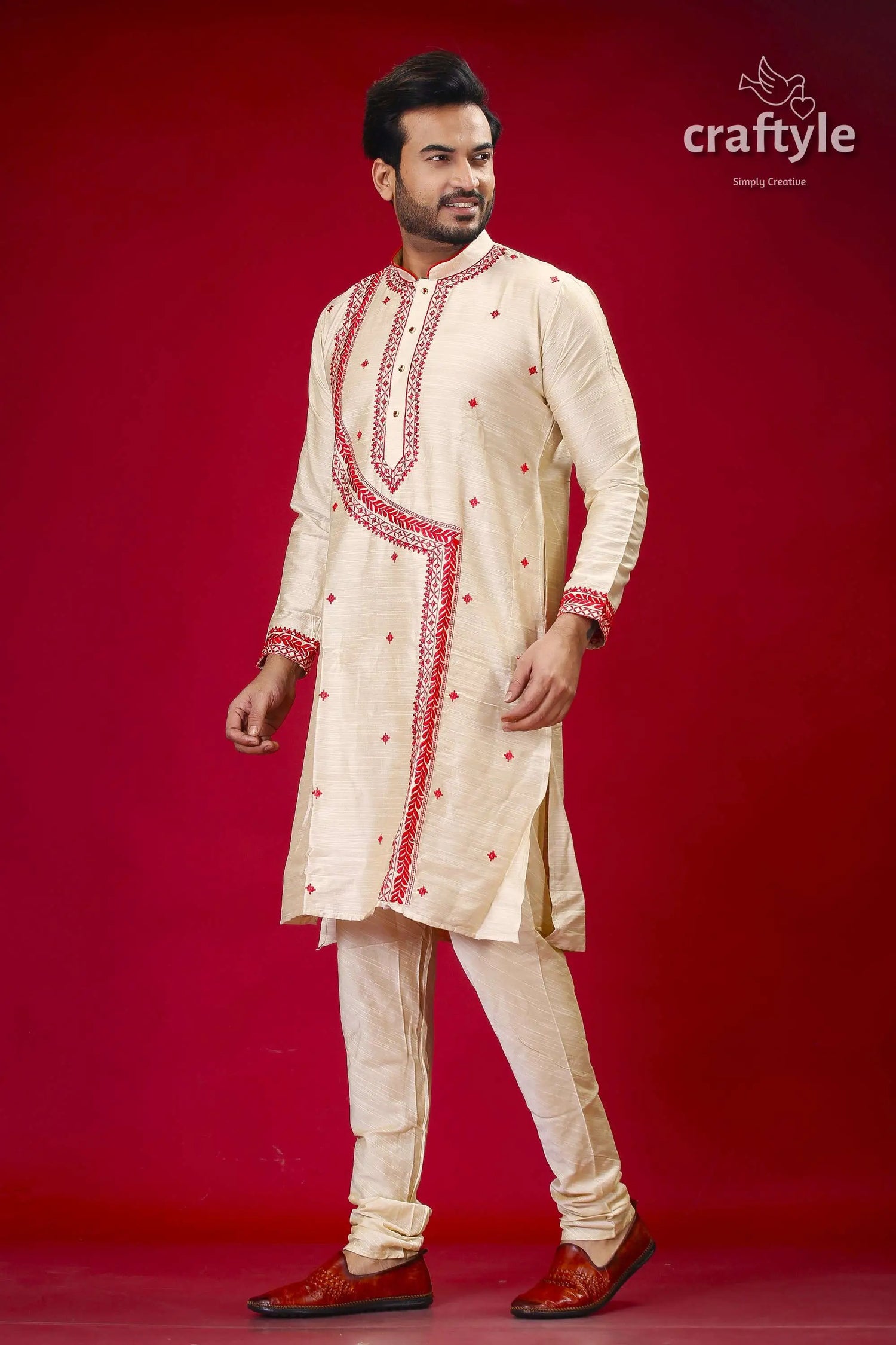 Silk kurta for men in beige and red with intricate embroidery design embroidered cream colored kurta pajama set 3
