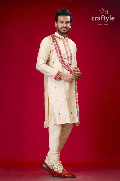 Silk kurta for men in beige and red with intricate embroidery design cream colored embroidered kurta pajama set 4