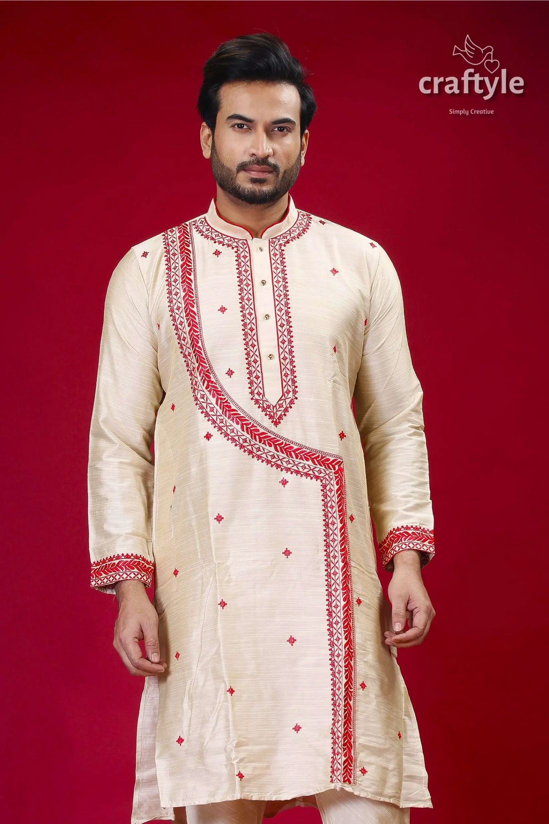 Silk kurta for men in beige and red with intricate embroidery design cream-colored kurta red embroidery 2