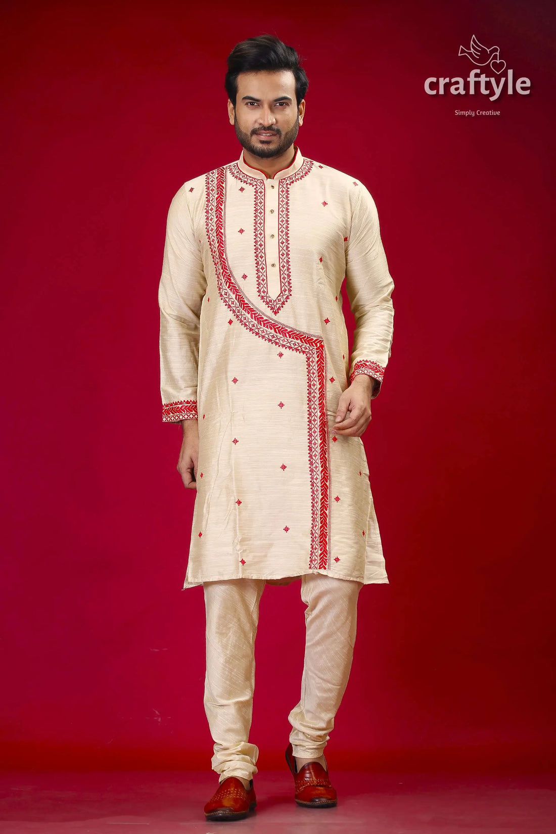 Silk kurta for men in beige and red with intricate embroidery design man embroidered kurta pajama 1