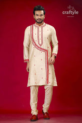 Silk kurta for men in beige and red with intricate embroidery design man embroidered kurta pajama 1