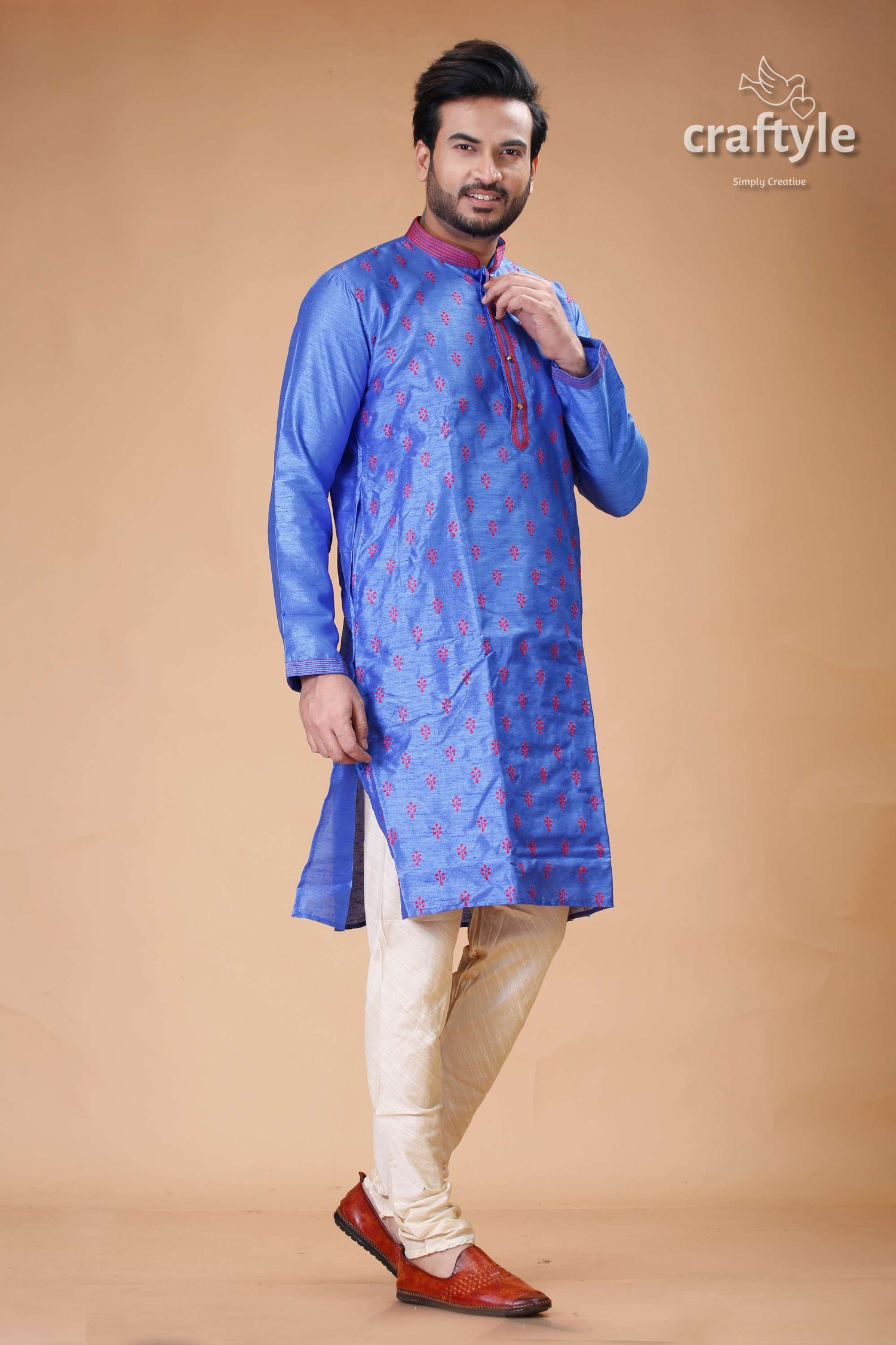 Silk Mens Kurta with Royal Blue and Red Embroidery Design - Craftyle
