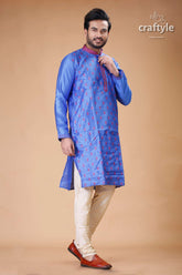 Silk Mens Kurta with Royal Blue and Red Embroidery Design - Craftyle
