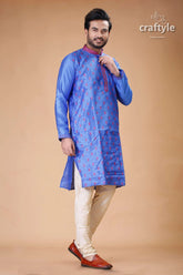 Silk mens kurta with royal blue and red embroidery design man blue kurta cream pants 4