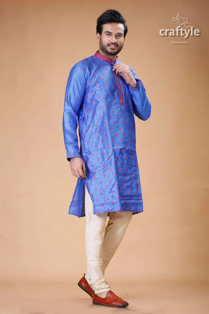 Silk mens kurta with royal blue and red embroidery design man blue kurta cream pants 4