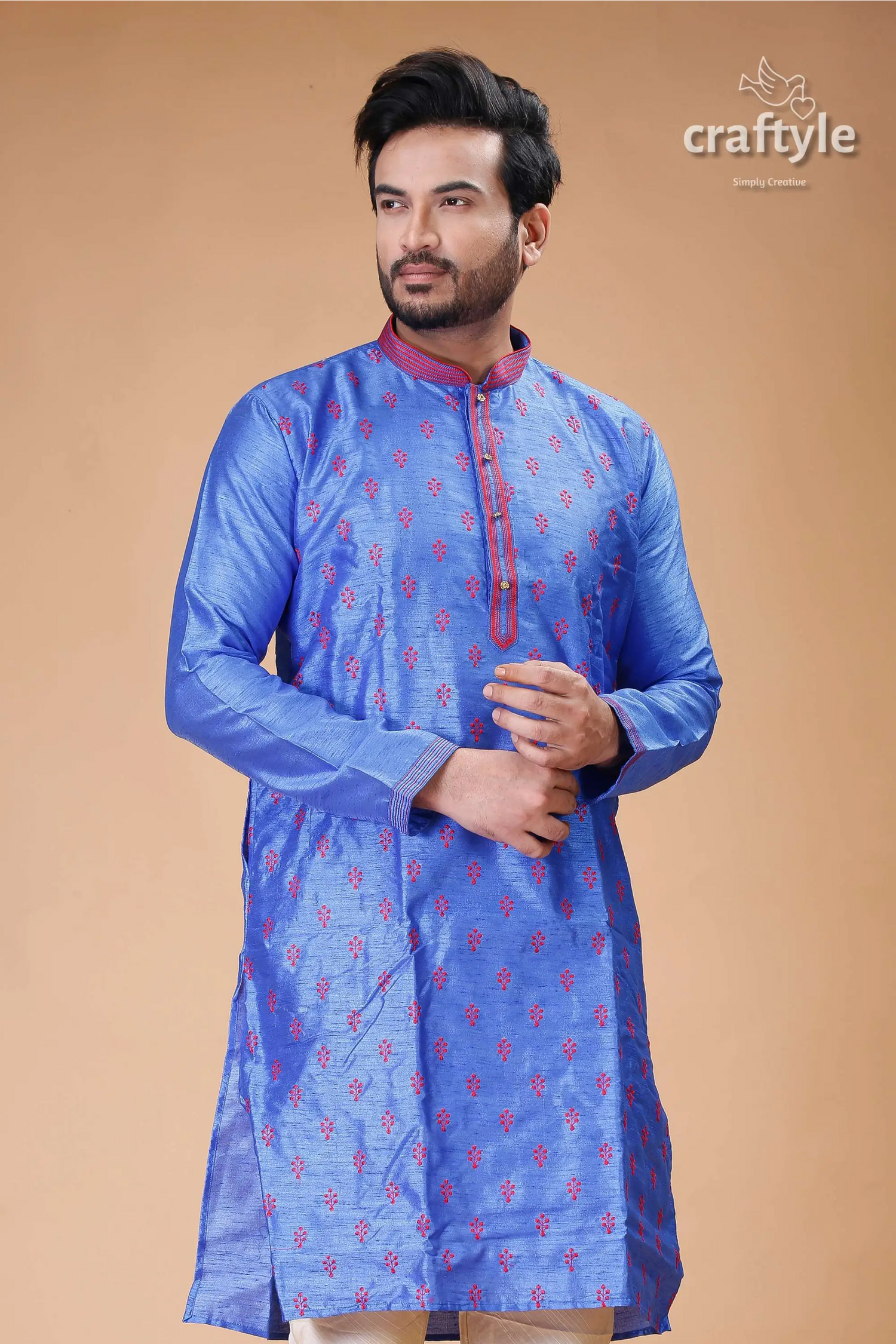 Silk mens kurta with royal blue and red embroidery design blue embroidered kurta 2