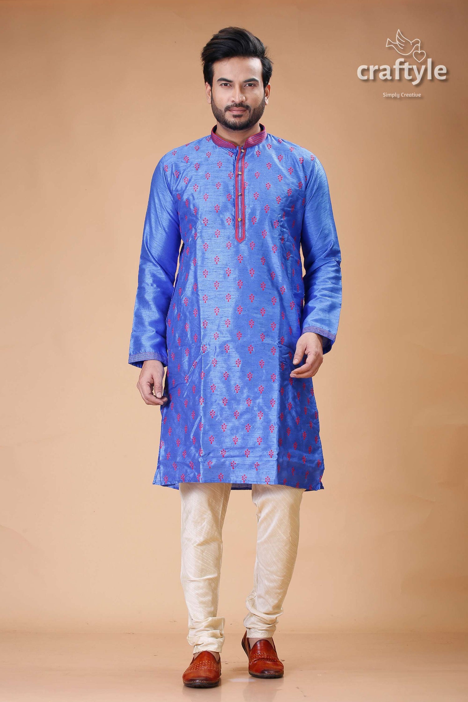 Silk Mens Kurta with Royal Blue and Red Embroidery Design - Craftyle
