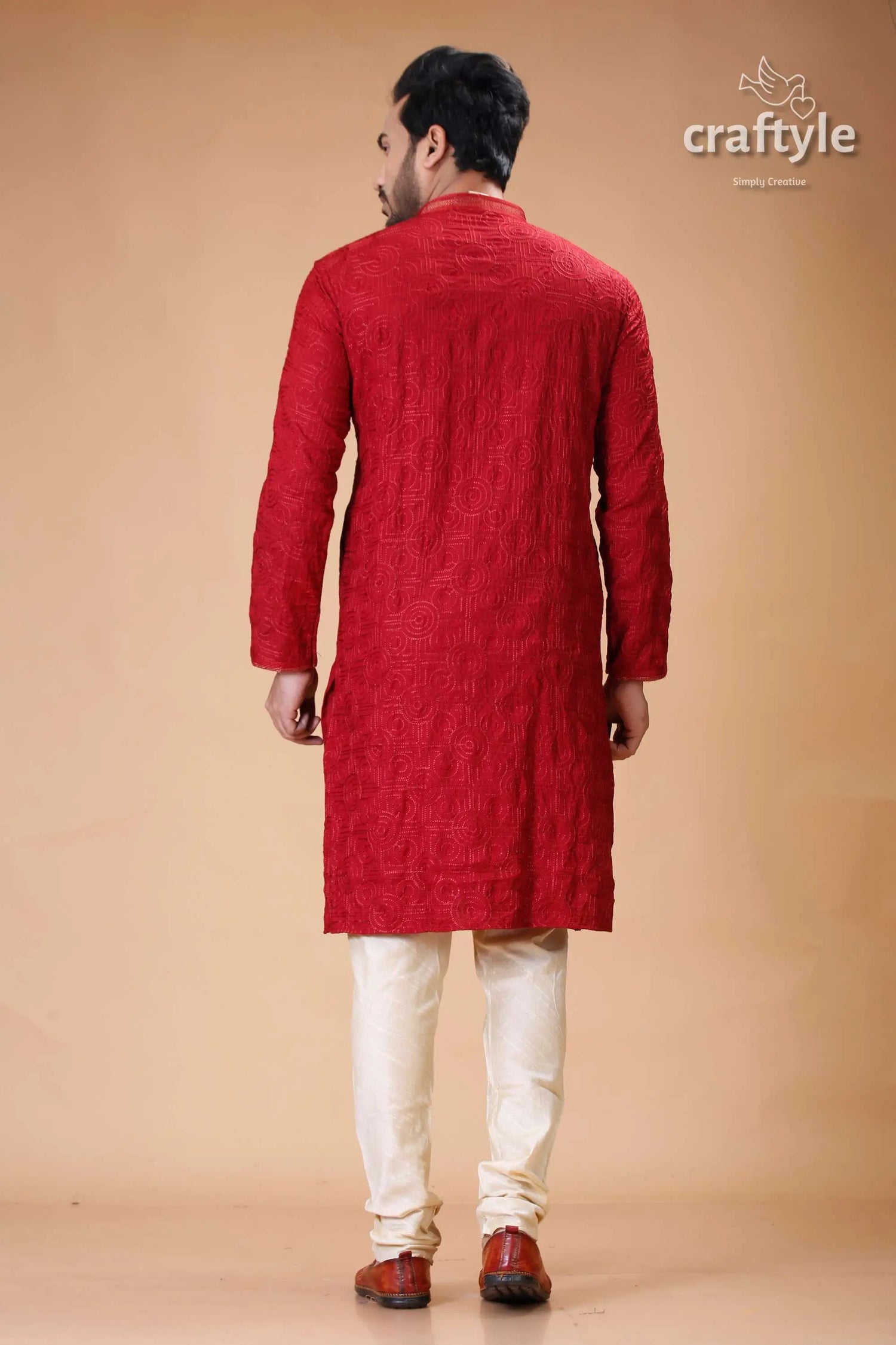 Silk panjabi for men with dark scarlet self-embroidery design red embroidered kurta pajama set 5