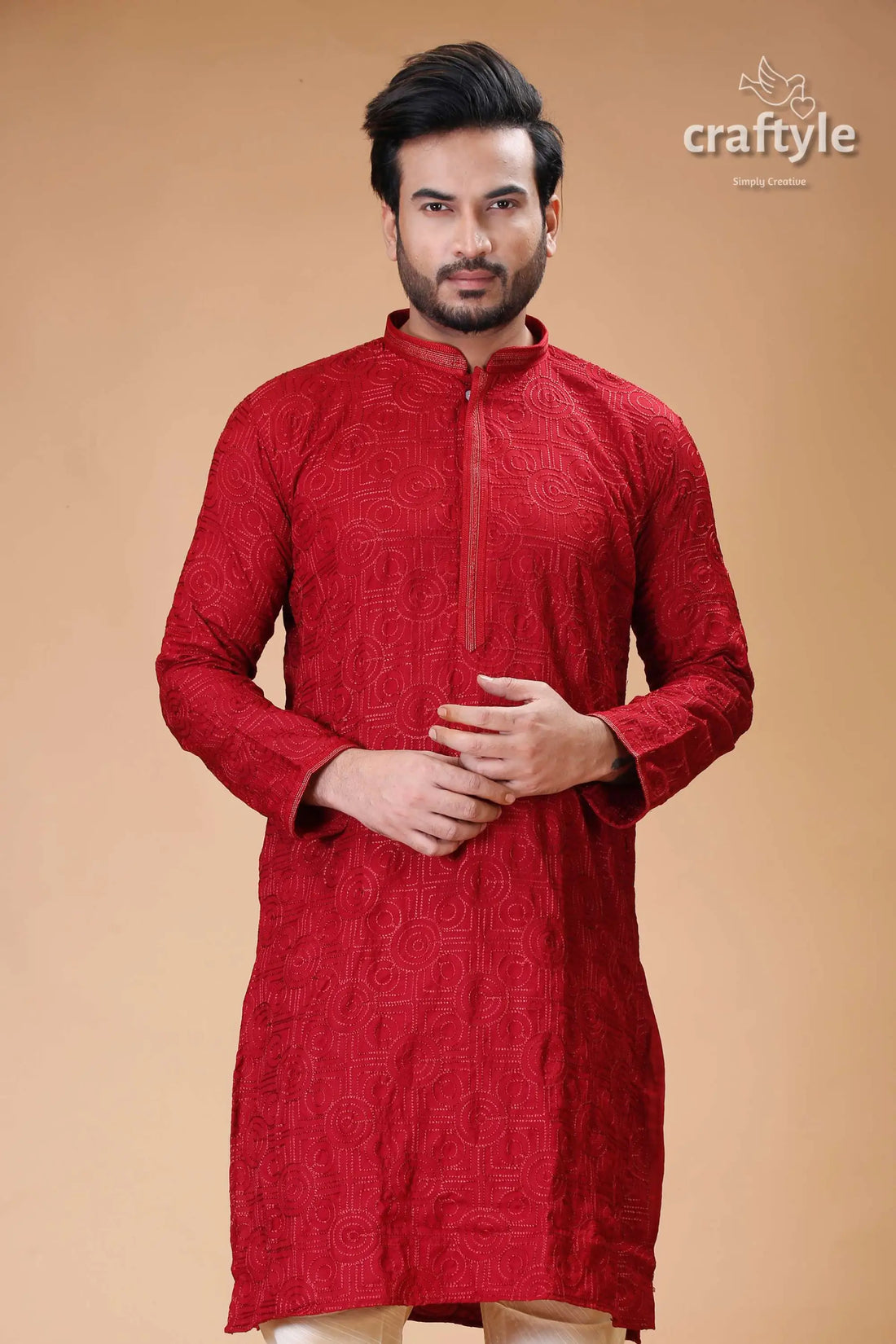 Silk panjabi for men with dark scarlet self-embroidery design red embroidered kurta 2