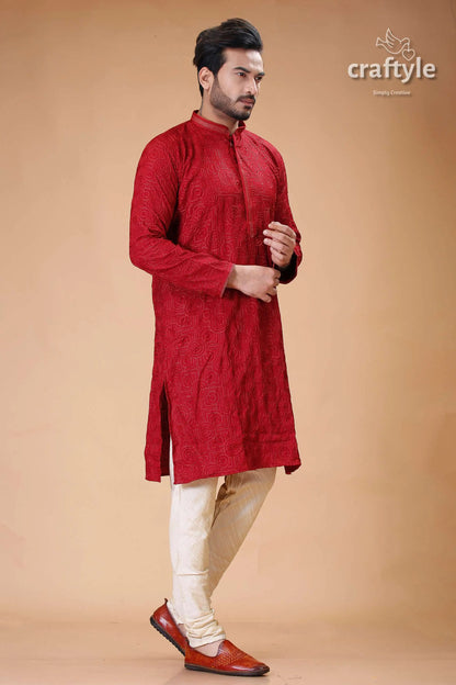 Silk panjabi for men with dark scarlet self-embroidery design red embroidered kurta pajama set 3