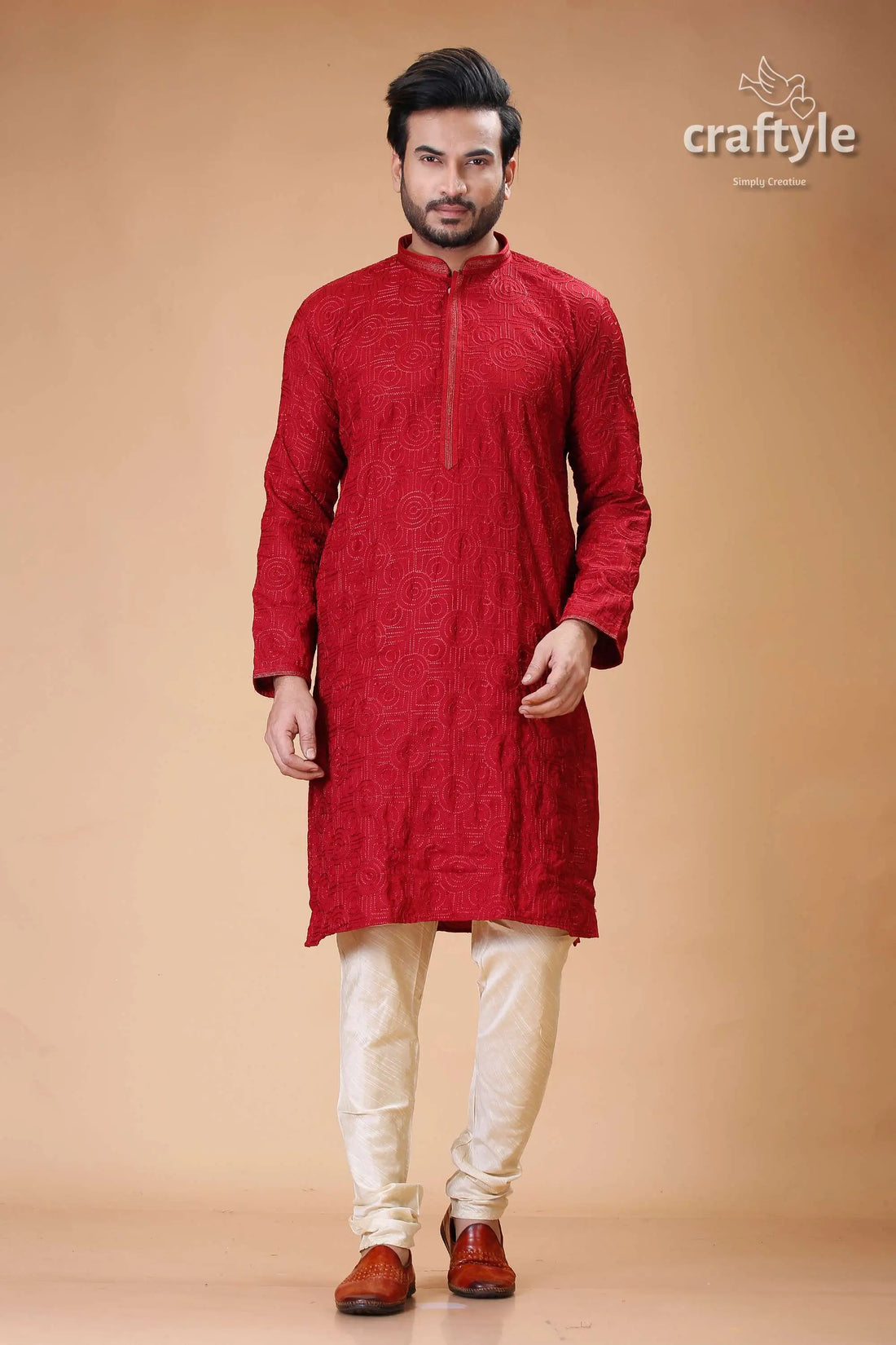 Silk panjabi for men with dark scarlet self embroidery design red embroidered kurta cream pants 1