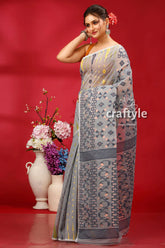Silver grey traditional handloom jamdani sari gray patterned saree 3