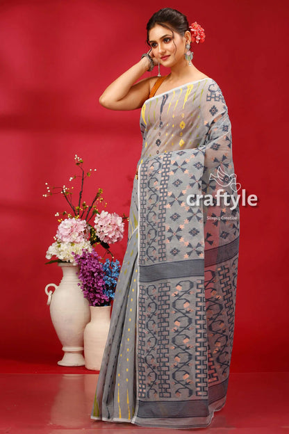 Silver grey traditional handloom jamdani sari gray patterned saree 3