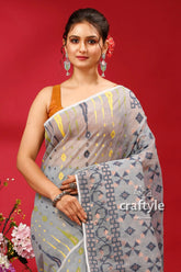 Silver grey traditional handloom jamdani sari woman gray patterned saree 2